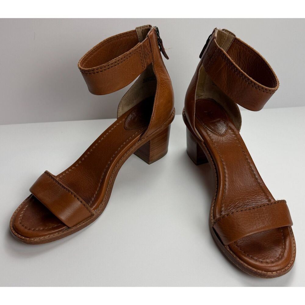 FRYE Brielle Back-Zip Sandal Brown Leather Block Heel, Size 9M